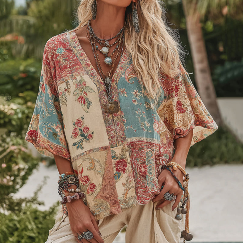 Women's V Neck Boho Floral Art Casual Shirt elevenforest
