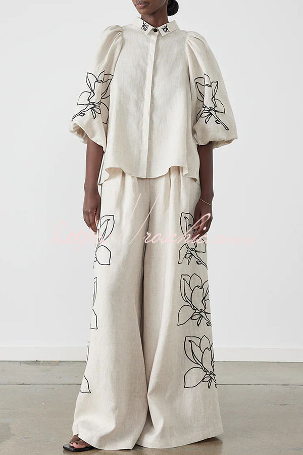 Elaina Linen Blend Print Button Pocketed Wide Leg Palazzo Pant