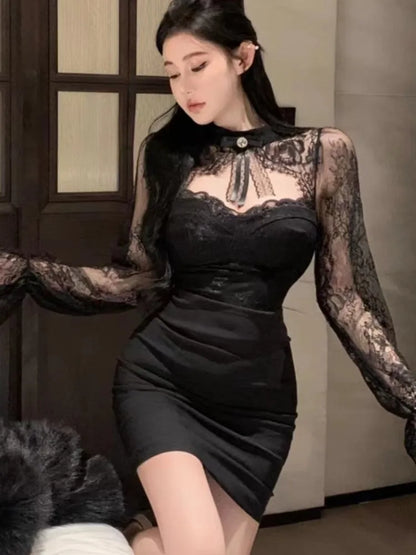 Mini Dress Lace Patchwork Flare Sleeve Hollow Out Autumn Spring Y2k Bodycon Wrap Hip Evening Party Vestidos Mujer New
