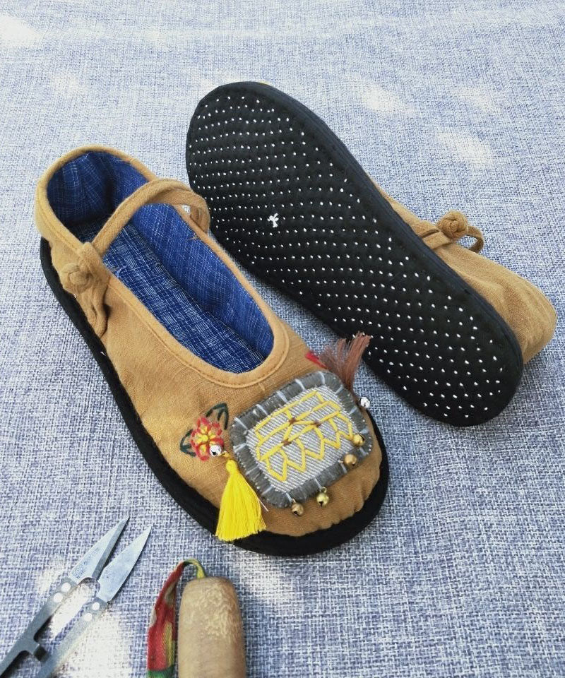 Splicing Buckle Strap Flat Shoes Yellow Cotton Fabric