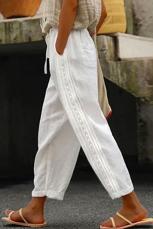 Moxidress Drawstring Elastic Waist Cotton Linen Tapered Pants