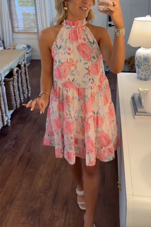 Moxidress High Neck Sleeveless Print Ruffle Tiered Mini Dress