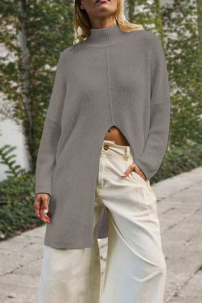 Moxidress Mockneck Drop Shoulder Slit Front Loose Sweater