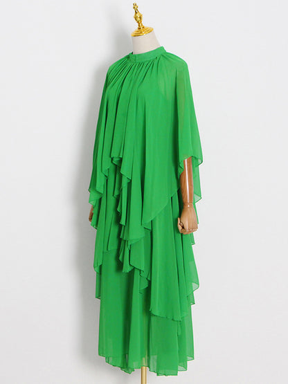 Loose Raglan Sleeve Color Tiered Stand Collar Maxi Dresses