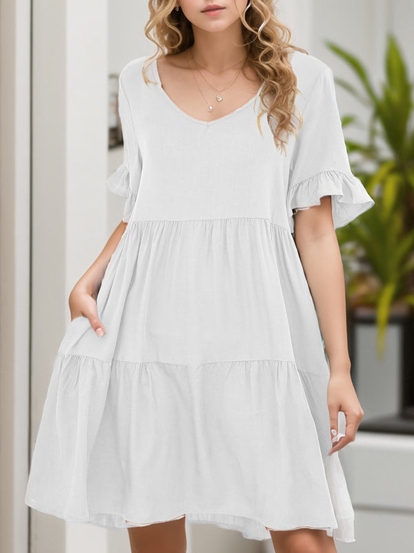 A-line Flared Sleeves Pleated Pockets Ruffled Color Split-joint Round-neck Mini Dresses