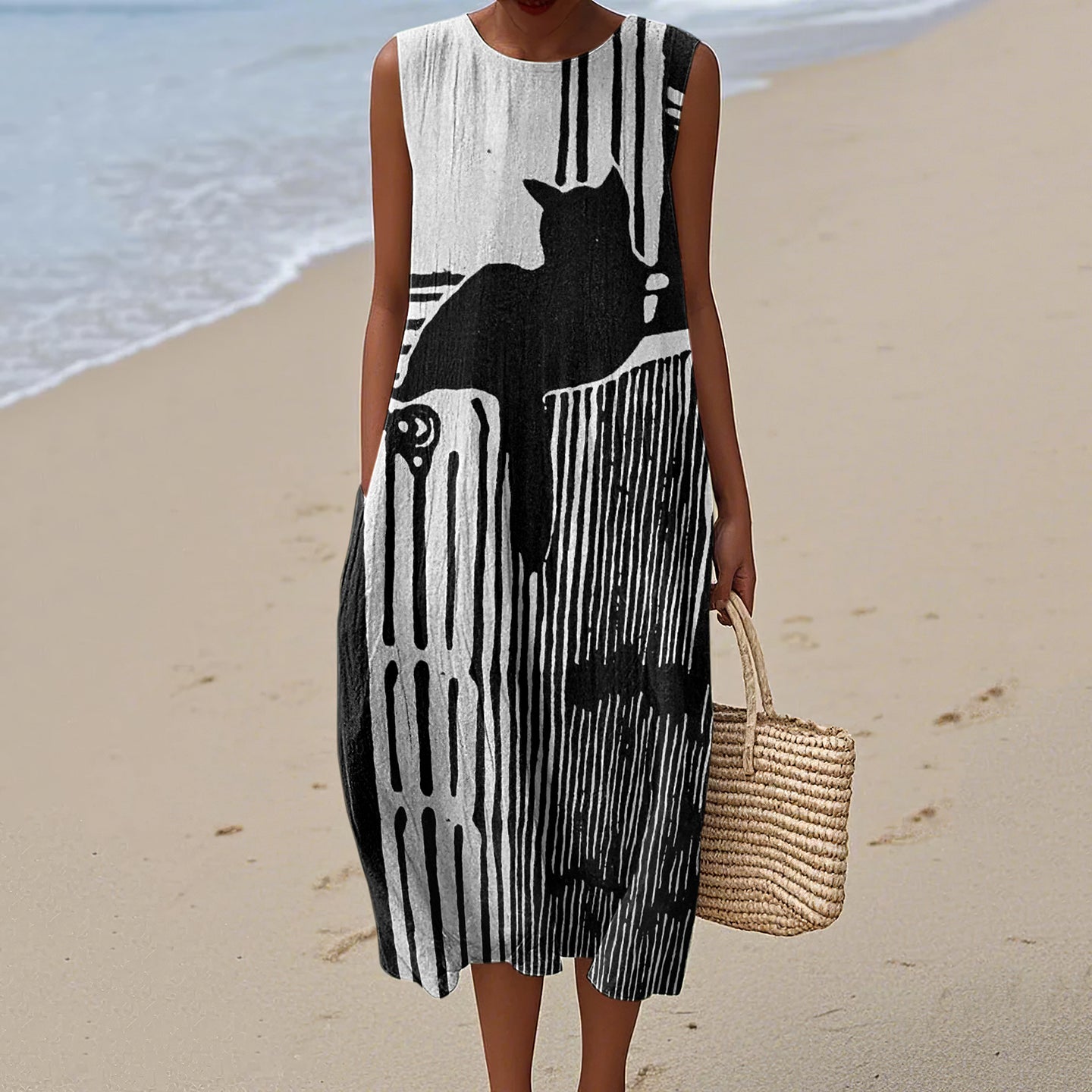 Women's Retro Geometric Black Cat Art Pattern Cotton And Linen Dress elevenforest