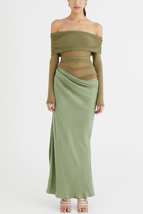 Moxidress Off Shoulder Mesh Patchwork Ruched Maxi Dress