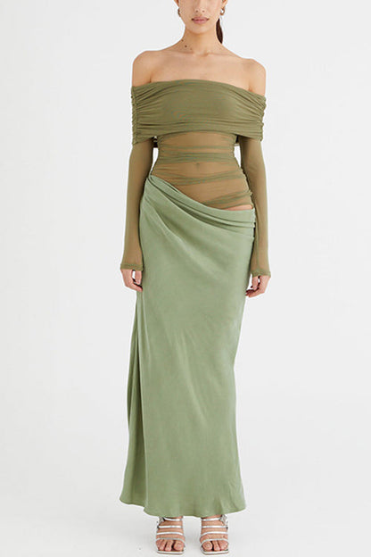 Moxidress Off Shoulder Long Sleeves Mesh Splice Maxi Dress