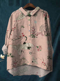 Ethnic Style Crane Flower Print Cotton And Linen Shirt
