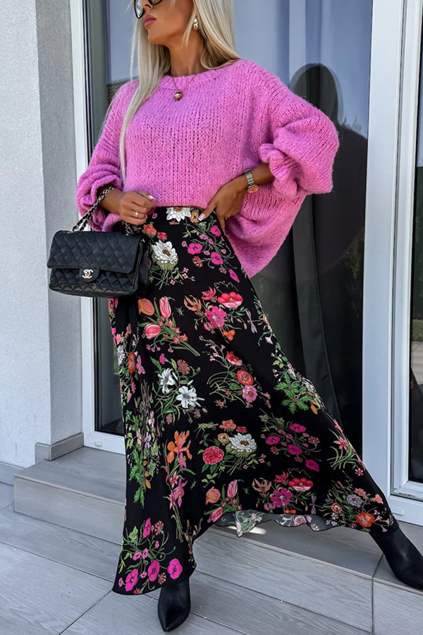 Color Round Neck Ruffled Long Sleeve Knitted Sweater