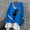 Women's Vintage Black Cat And Ocean Art Print Cotton And Linen Shirt elevenforest