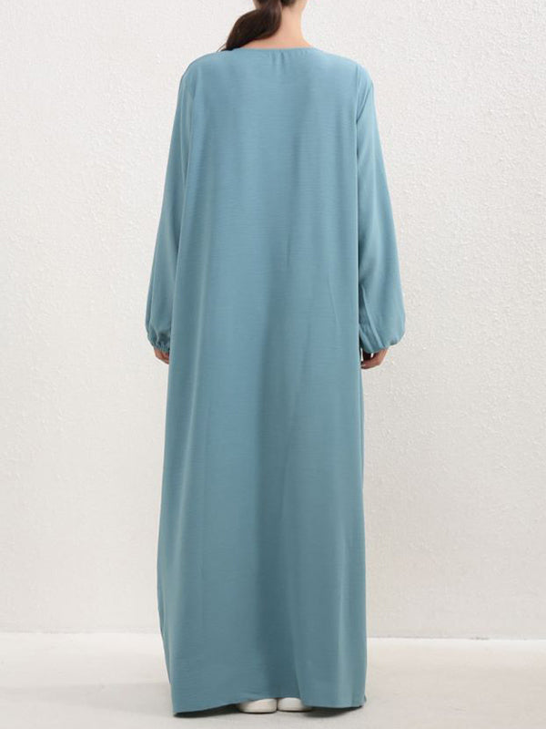 Long Sleeves Loose Pleated Color Split-joint Round-neck Maxi Dresses