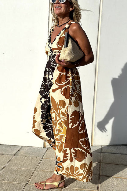 Jalen Linen Blend Print Knotted Strap Elastic Waist Midi Dress