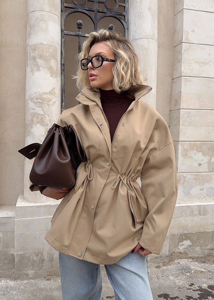 Beige Drawstring Waist Coat - Modern Mid-length Jacket