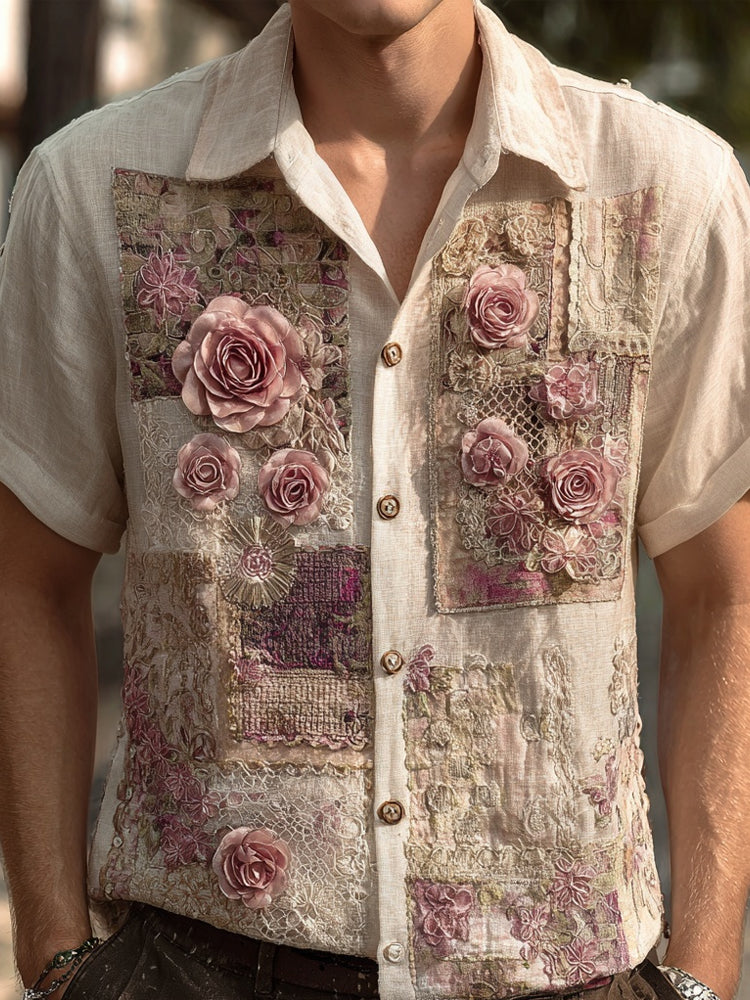 Men's Floral Lace Embroidered Retro Patchwork Linen Shirt elevenforest