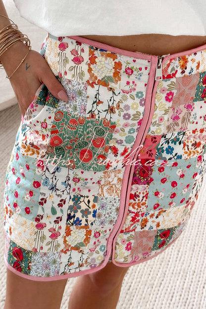 Patchwork Flower Print Front Zipper Pocketed Quilted Knit Mini Skirt