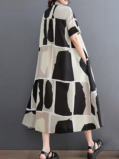 Loose Oversize Color-block Printed Lapel Midi Dresses Shirt Dress