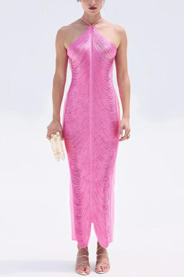 Allnight Metallic Halterneck Backless Fringed Slit Maxi Dress