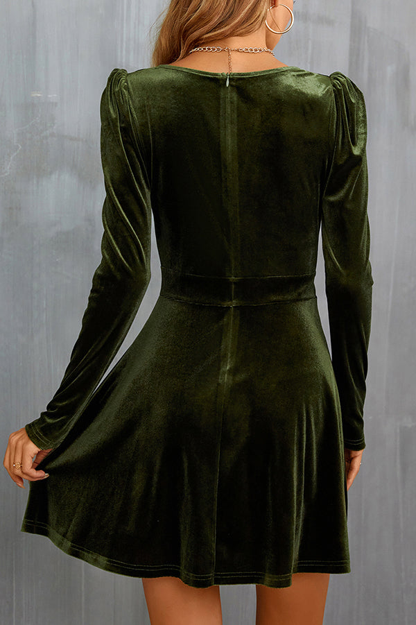 Velvet V-neck Long-sleeved Waist Mini Dress