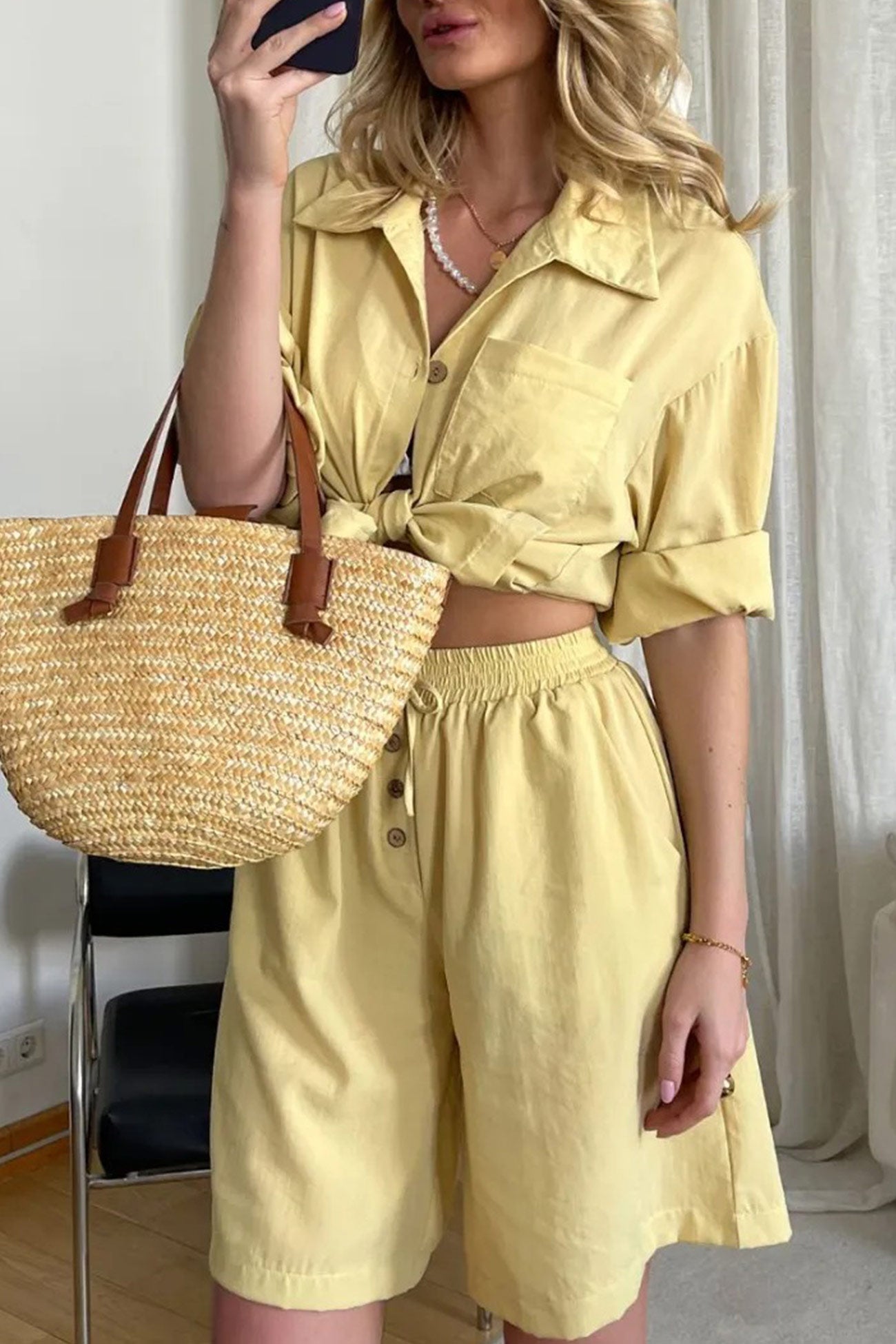 Color Shirt Single-breasted Bermuda Shorts Set