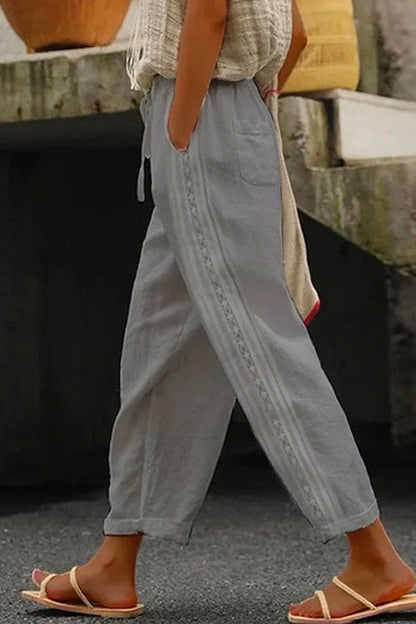Moxidress Drawstring Elastic Waist Cotton Linen Tapered Pants