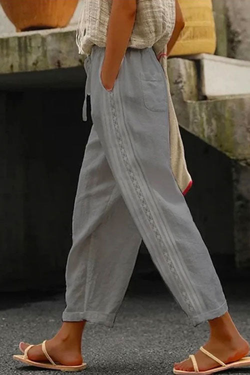 Moxidress Drawstring Elastic Waist Cotton Linen Tapered Pants