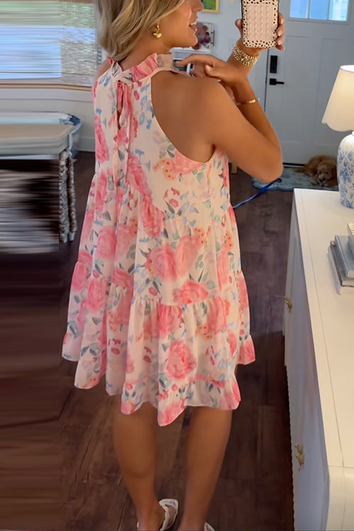 Moxidress High Neck Sleeveless Print Ruffle Tiered Mini Dress