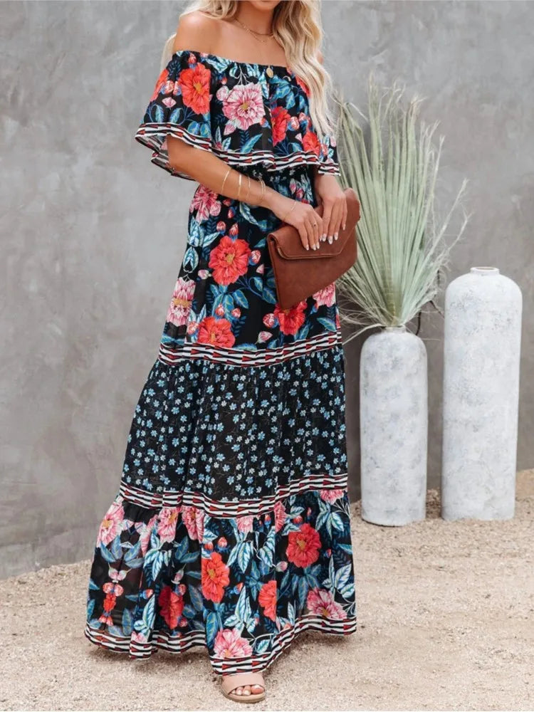 Flower Print Off Shoulder Long Dresses for Spring Summer New Temperament High Waist Leace-up Dress Female Vestidos