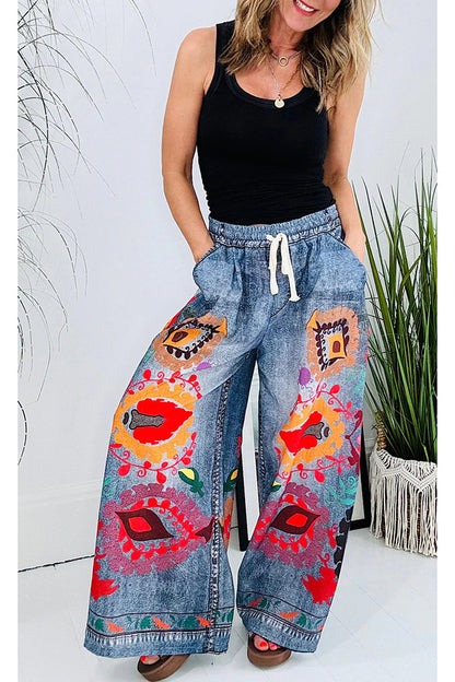 Hippie Style Unique Denim Print Elastic Waist Pocketed Wide Leg Pants