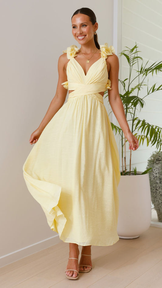 Yellow Ruffle Strap V-neck Maxi Dress