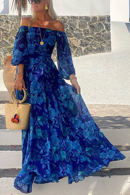 ' One Shoulder Blue Flower Design Off Shoulder Back Smoke Vacation Long Dress