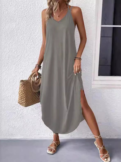 Loose Color Spaghetti-neck Maxi Dresses