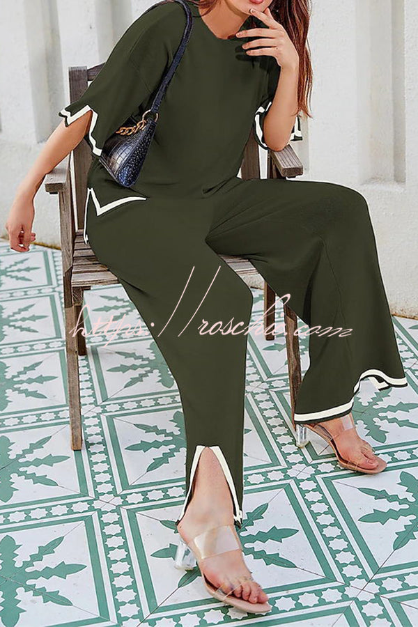 Lounge or Wear Knit Patchwork Color Block Short Sleeve Top and Elastic Wide Leg Pants