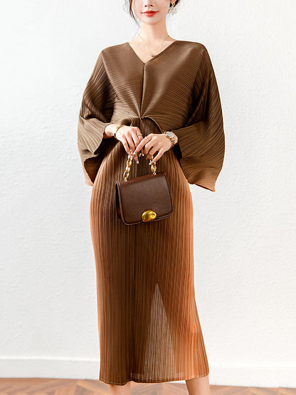 Loose Batwing Sleeves Gradient Pleated Midi Dress