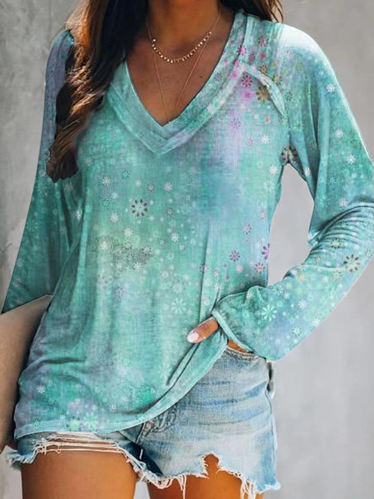 Women's Casual Vintage Floral Art Print V Neck Long Sleeve Tops