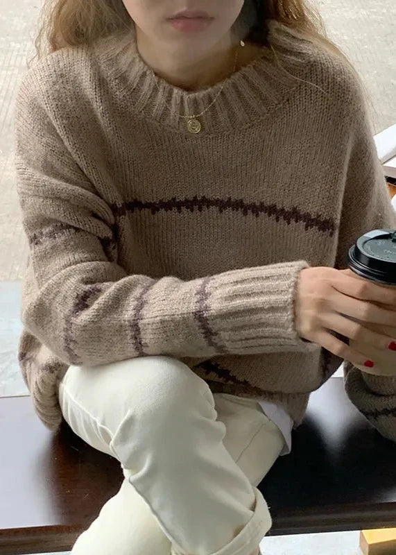 Oversized Cozy Knit Sweater - Long Sleeve Striped Knitwear