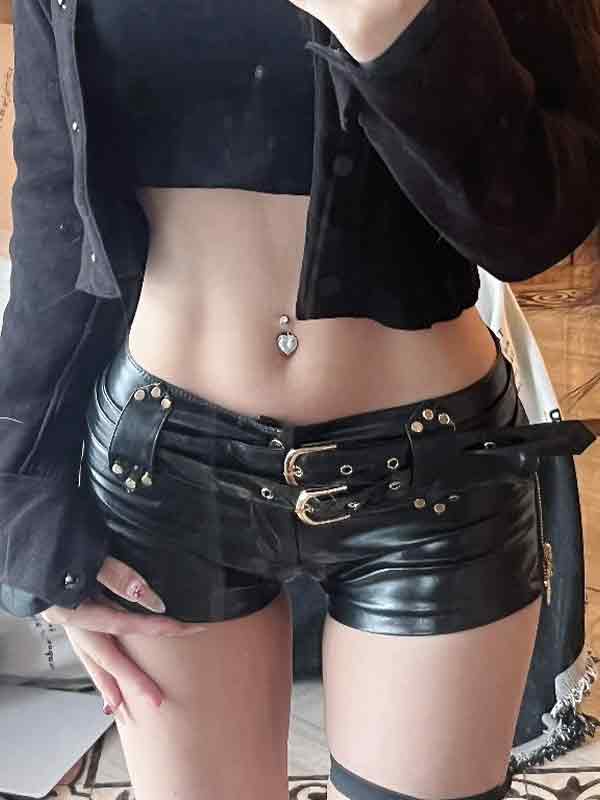 Dark Hip Hop Pu Leather Hollow Shorts