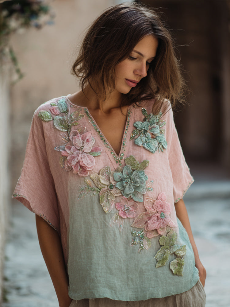 Bohemian Style Breast Cancer Awareness Three-dimensional Flower Embroidery Vintage Mint Green V-neck Short-sleeved Shirt elevenforest