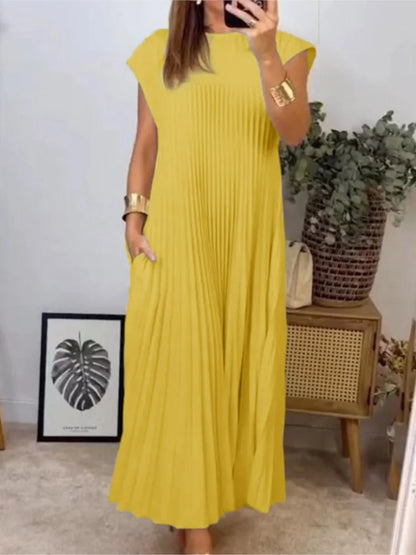 Color Pleated Dresses Temperament O Neck Folds Sleeveless Loose Long Dress Spring Summer New Vestido