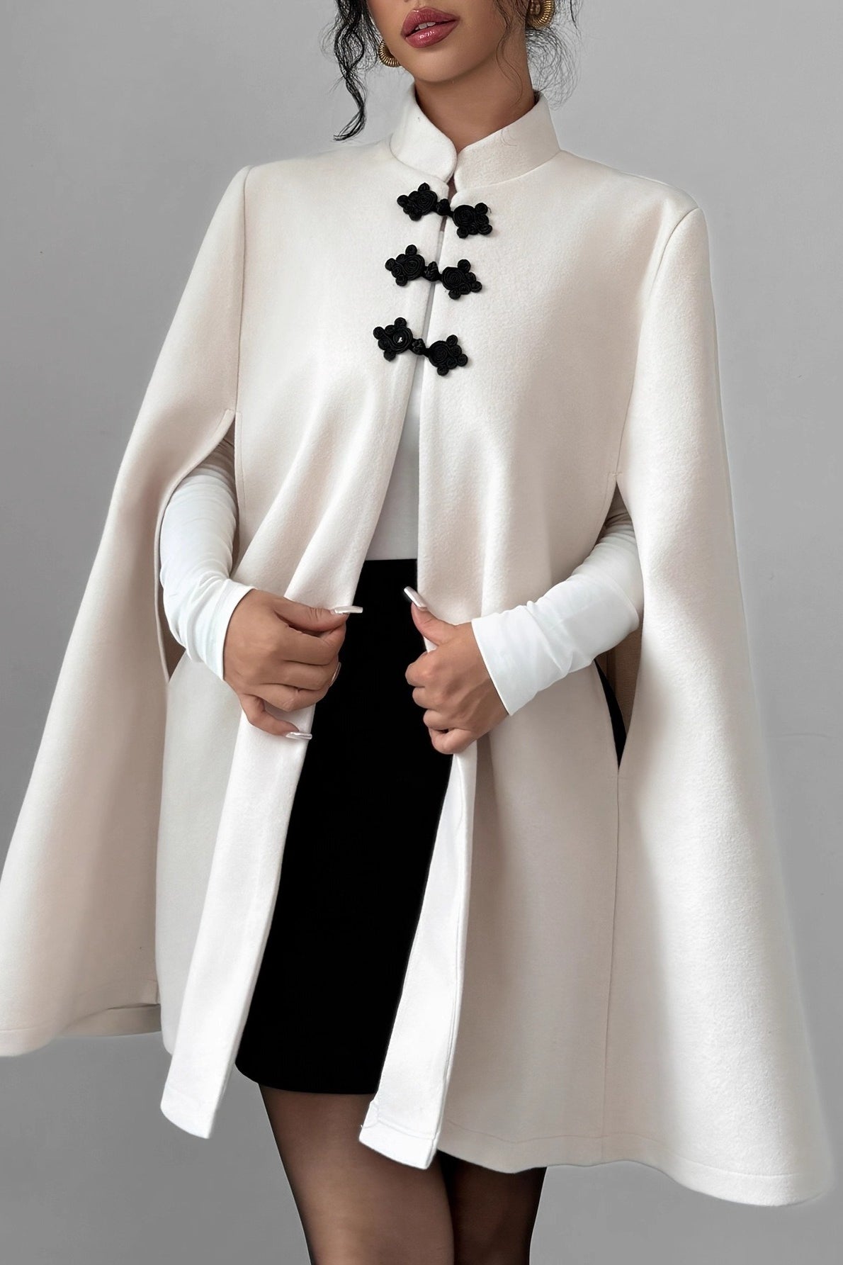 Color-blocked Frog Clasp Cape Coat