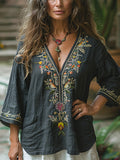 Women's Vintage Linen Bohemian Print Shirt elevenforest