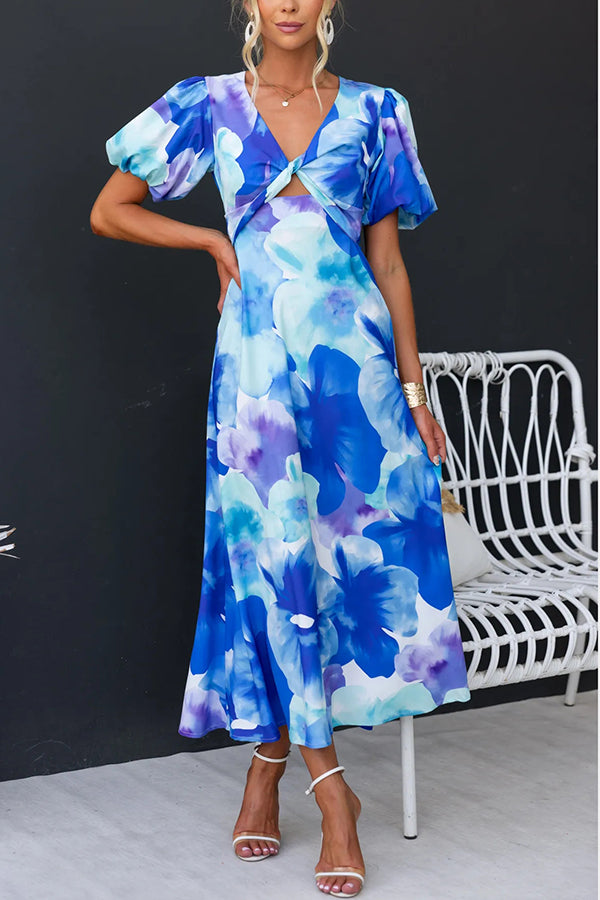 Sophia Print Satin Puff Sleeve Twist Bust Cutout Midi Dress