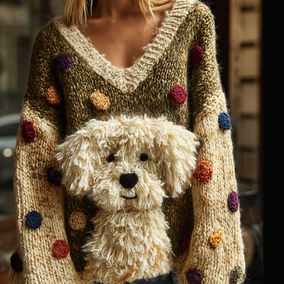 Comstylish Lady Retro Cute Dog Plush Comfortable Knitted Sweater