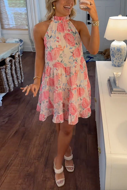 Moxidress High Neck Sleeveless Print Ruffle Tiered Mini Dress