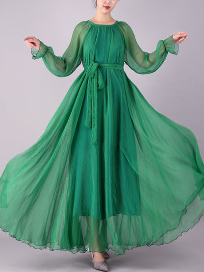 Long Sleeves Loose Falbala Gauze Pleated Color Tied Waist Round-neck Maxi Dresses