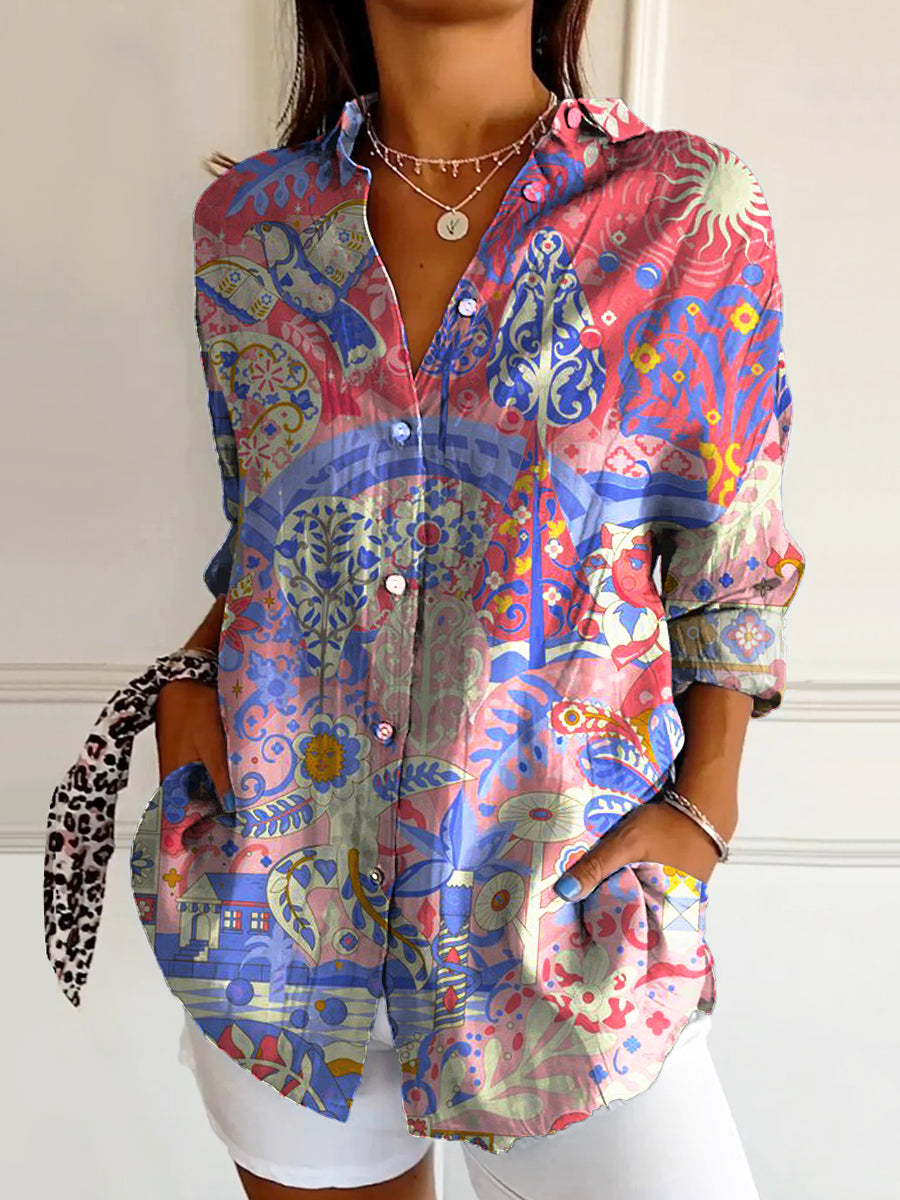 Women's Art Floral Hippie Print Long Sleeve Shirt