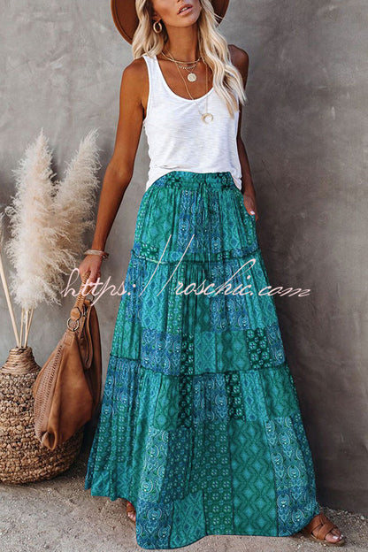 Print Stretch Elastic Waist Pocket High Waist Skirt