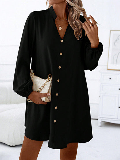 A-line Long Sleeves Buttoned Color V-neck Mini Dresses