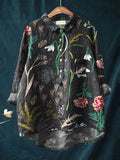 Women's Floral Art Print Casual Cotton And Linen Shirt