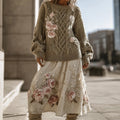 Vintage Rose Pattern Cable Knit Sweater And Linen Skirt Two-piece Set artswardrobe